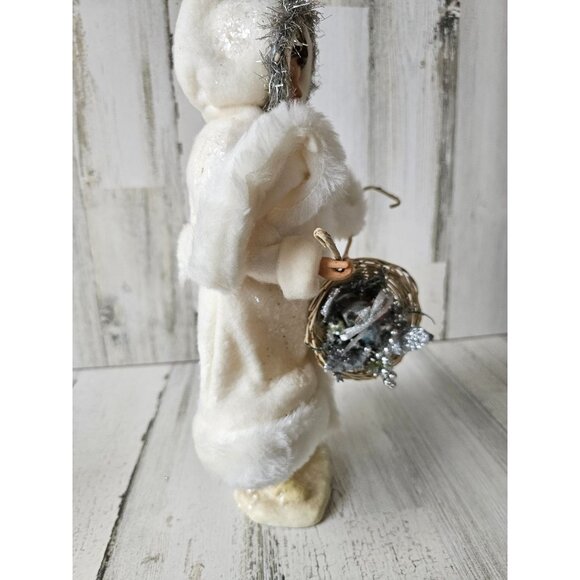 Kd vintage Christmas basket girl fur tinsel decor unique shabby chic centerpiece - Picture 6 of 9